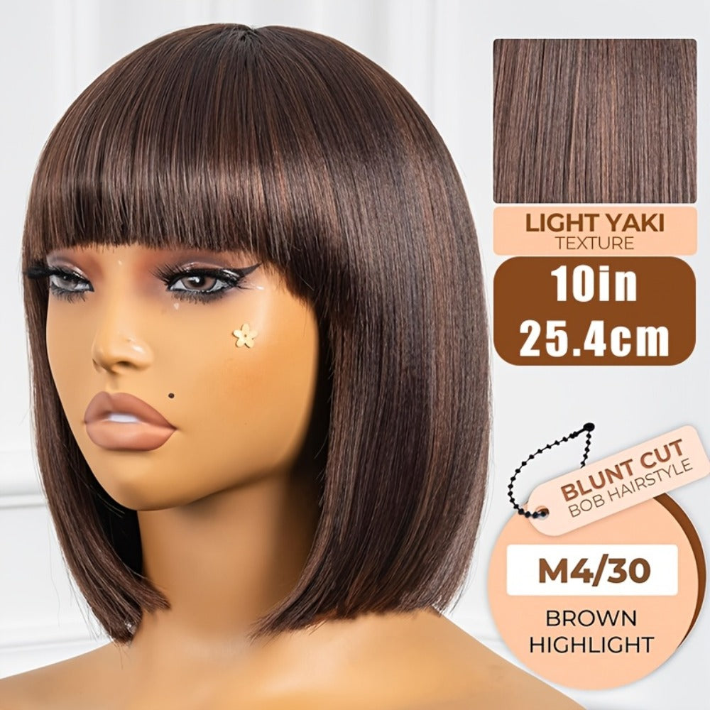 10-Inch Yaki Straight Synthetic Bob Wig with Bangs, M4/30 Brown Highlights and Adjustable Rose-Net Cap