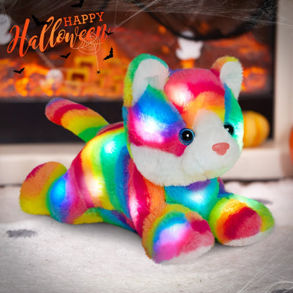 Glowing Rainbow Cat Stuffed Animal Plush Toy — Colorful LED Light Up Musical Soft Plush Kitten Doll for Kids Girls Boys | Birthday Christmas New Year Party Gift | Room & Party Decor
