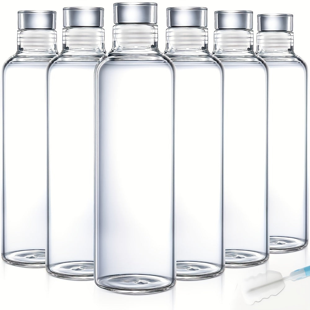 Glass Water Bottle Set, Six 18 oz Clear Bottles with Lids, Protective Sleeves and Cleaning Brush