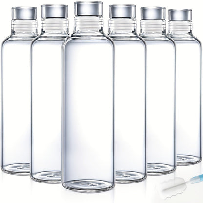 Glass Water Bottle Set, Six 18 oz Clear Bottles with Lids, Protective Sleeves and Cleaning Brush