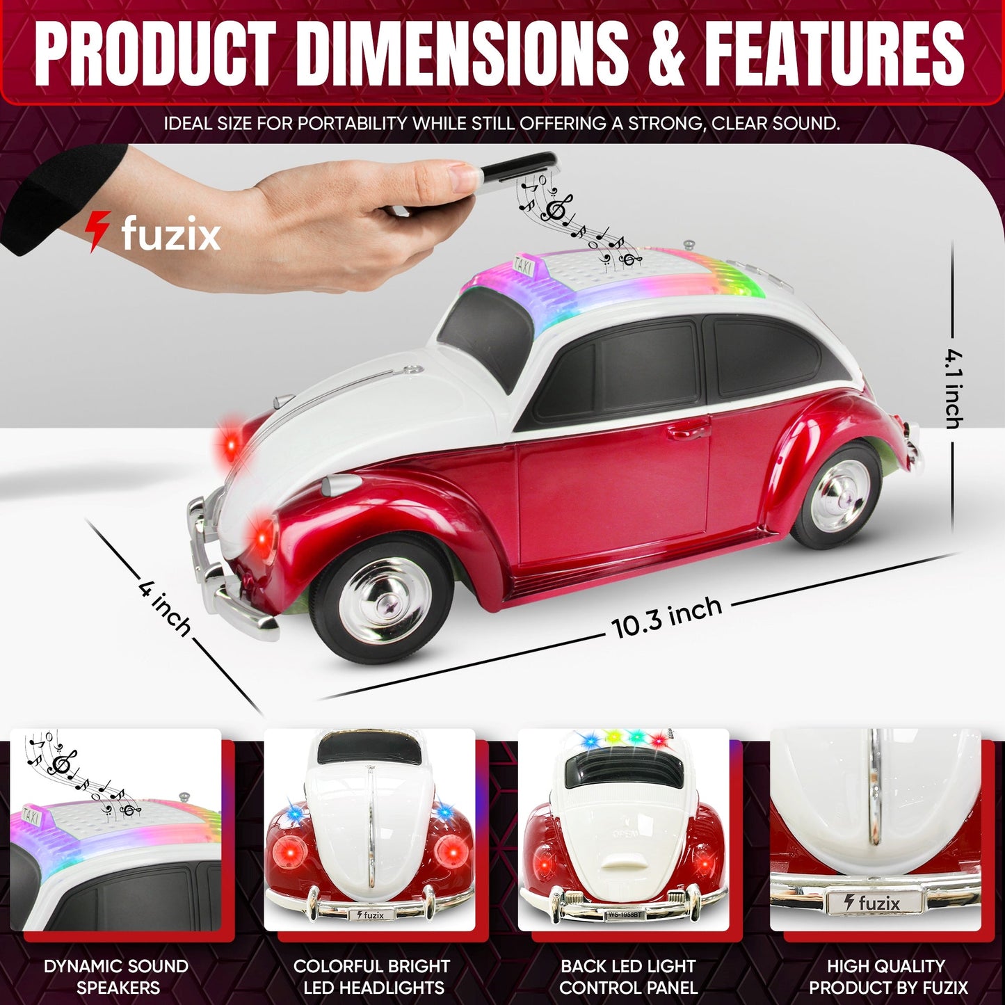 Fuzix WS-1958 Vintage Car Bluetooth Speaker with LED Headlights & Taillights | Retro Wireless Stereo, FM Radio, AUX/USB/TF, Built-in Mic, Rechargeable – Novelty Gift for Car Enthusiasts & Music Lovers