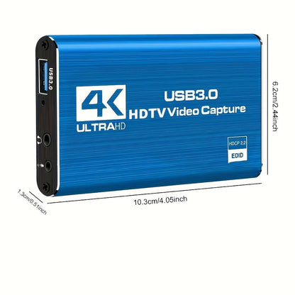 4K USB 3.0 Video Capture Card - 1080P 60fps HD Recorder, 4K UHD 60Hz Input, Compatible with OBS Live Game Streaming, Plug and Play for PC Mac PS5 Xbox Switch