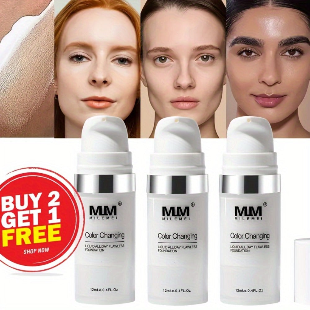 Color Changing BB Cream Foundation Set 3pcs Matte Oil Control extended-wear Smudge Proof Concealer Base Skin Tone Adaptive Face Makeup for