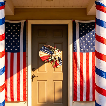 Red, White and Blue Patriotic Door Wreath with Flag Ribbon, Berries and Bow for Seasonal Home Display
