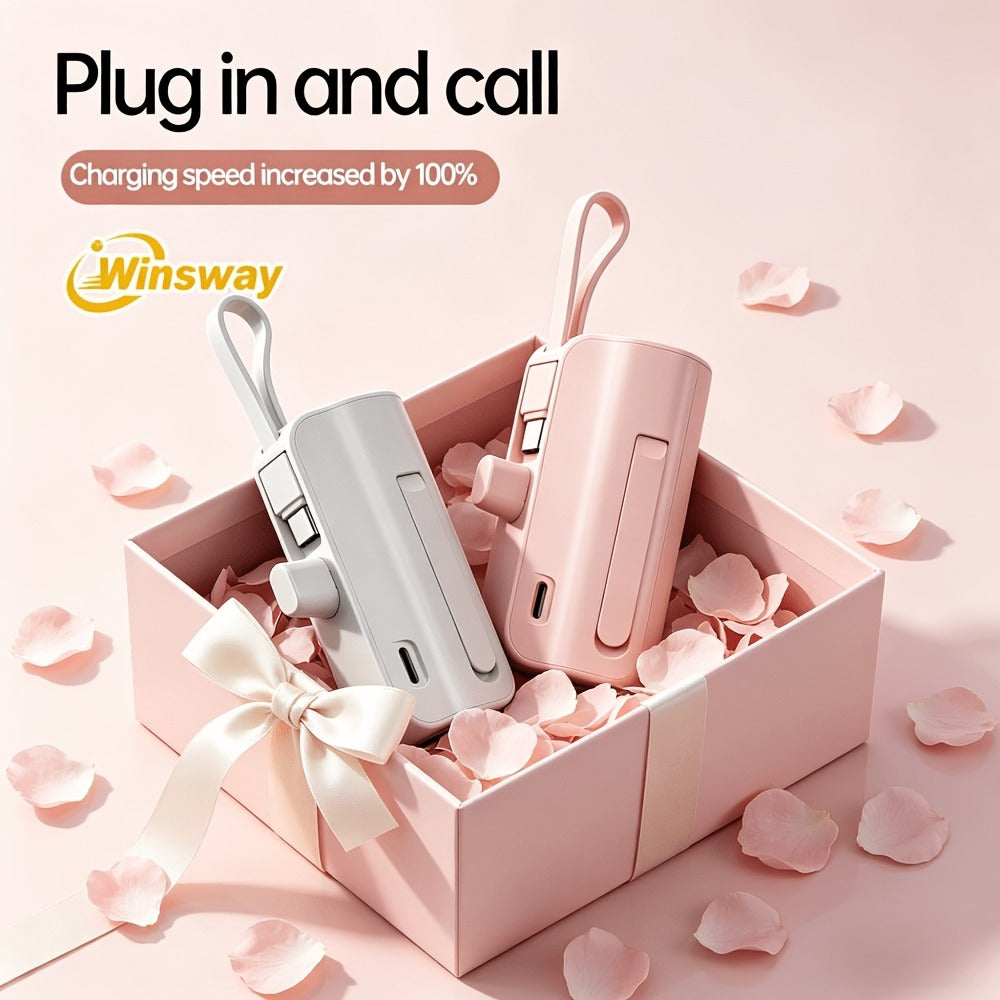 Power Bank 5000mAh Capsule with Dual-Port Options, Wireless Charging and Phone Holder in Four Colors