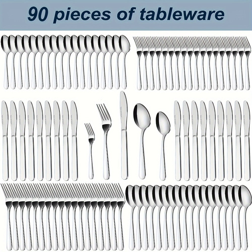 Stainless Steel Silverware Set 60 or 90 Piece with Gift Box – Service for 12 or 18, Includes Steak Knives, Salad Forks & Dessert Spoons, Dishwasher Safe Cutlery for Home, Wedding & Outdoor