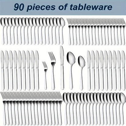 Stainless Steel Silverware Set 60 or 90 Piece with Gift Box – Service for 12 or 18, Includes Steak Knives, Salad Forks & Dessert Spoons, Dishwasher Safe Cutlery for Home, Wedding & Outdoor