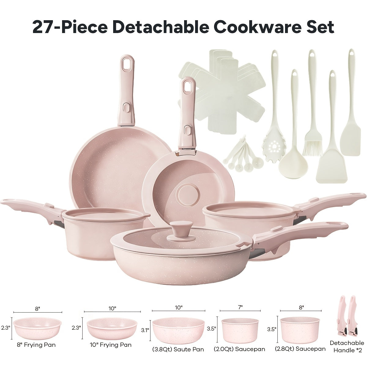 Cookware Set, 23- or 27-Piece Detachable-Handle Pots and Pans with Beige or Pink Finish, Induction, Oven and Dishwasher Use