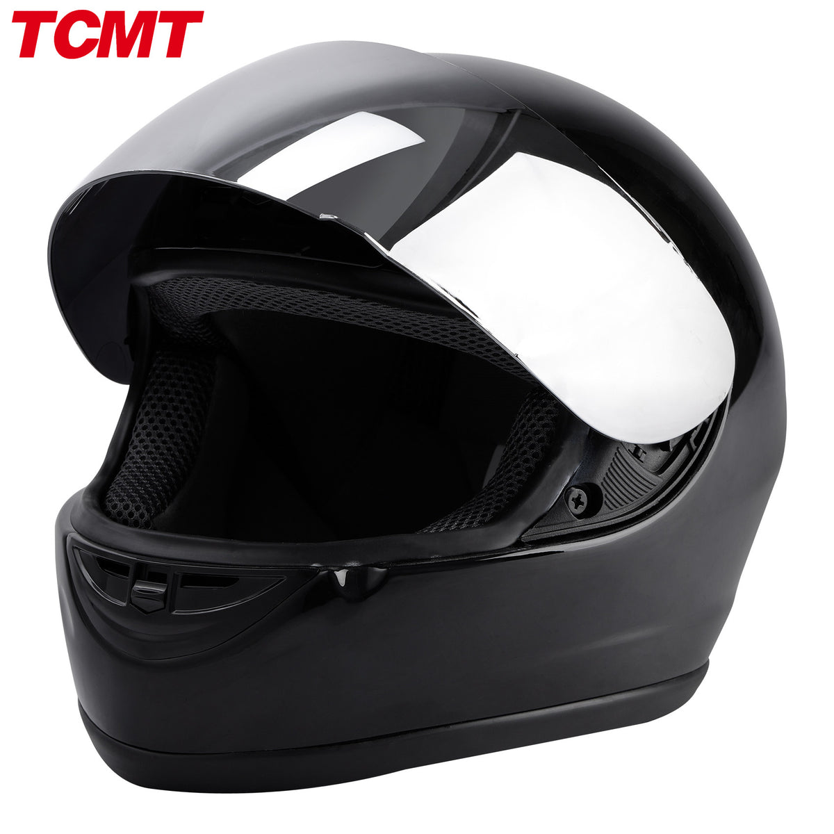 Motorcycle Helmet TCMT Gloss Black Full-Face Shell with Clear Shield, Large Variant, Padded Interior and Rear Vents