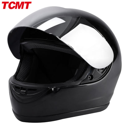 Motorcycle Helmet TCMT Gloss Black Full-Face Shell with Clear Shield, Large Variant, Padded Interior and Rear Vents