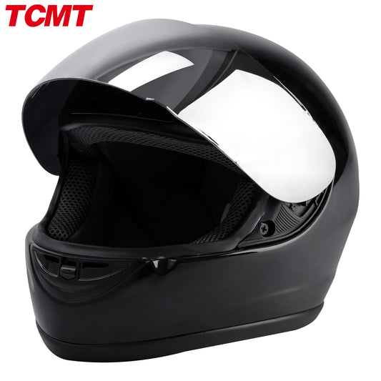 Motorcycle Full Face Helmet DOT Approved – Mirror Shield Gloss Black, Anti-Fog Wide-View Visor, Removable Liner, Full Ventilation, Adult S/M/L/XL TCMT
