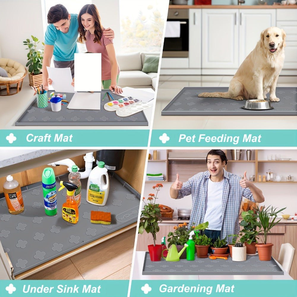 Under Sink Mat Waterproof Silicone 34" x 22" Undersink Drip Tray Liner for Kitchen Bathroom Cabinet, Holds 2 Gallons, Non-Toxic Durable Cabinet Protector with Raised Edges Four-Leaf Clover Pattern