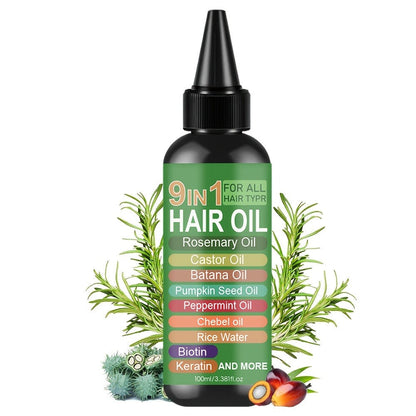 Rosemary 9-in-1 Hair and Scalp Oil, 100ml Nozzle Bottle with Rice Water, Batana, Castor and Biotin Labels