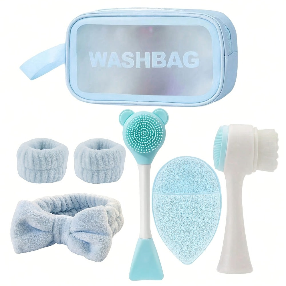 7-Piece Facial Cleansing Brush Set with Wash Bag, Bow Headband, Wristbands and Skincare Applicators