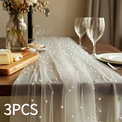 Three-Piece White Pearl-Beaded Tulle Table Runner Set, 2.5 x 9.8 Feet Each for Event Tables