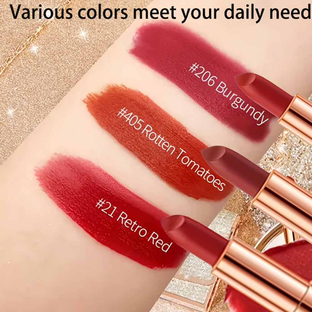 Matte Lipstick Gift Set 3 Pack Velvet Waterproof Long-Lasting Anti-Fading Intense Pigment Full Coverage Lip Color with Elegant Silvery Chain Bag for Women
