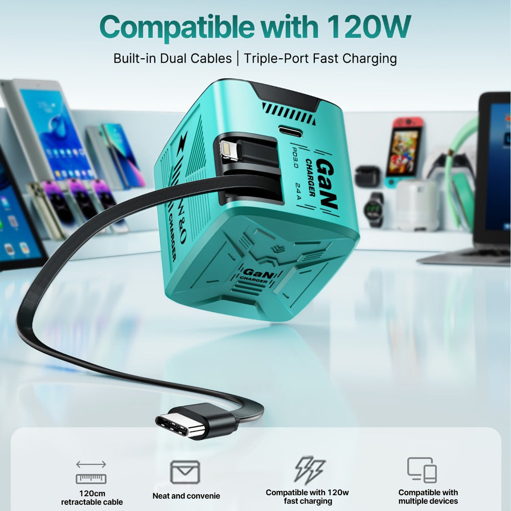 USB-C Wall Charger with Integrated Dual Cables in Single or Two-Piece Packs and Multiple Colors
