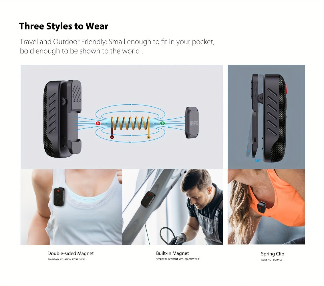 Wearable Bluetooth Speaker with Magnetic Clip, IPX5 Mini Wireless Speaker with Mic, Battery, Dustproof Portable Speaker for Workouts