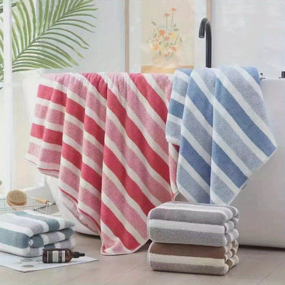 Towel Set 8 Piece Two-Color Striped - Super Absorbent Soft No Hair Loss Bath Towel Combo | 2 Bath Towels 2 Face Towels 4 Hand Towels | Grey Red Blue Green | Bathroom Family Hotel Spa Gift Set