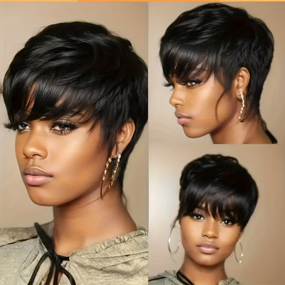 Human Hair Pixie Cut Wig with Bangs Glueless 180% Density Straight Black 6 Inch Rose Net Cap Machine Made Wig for African American Women