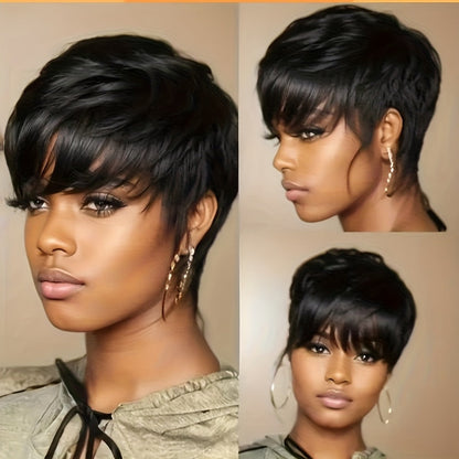 Human Hair Pixie Cut Wig with Bangs Glueless 180% Density Straight Black 6 Inch Rose Net Cap Machine Made Wig for African American Women