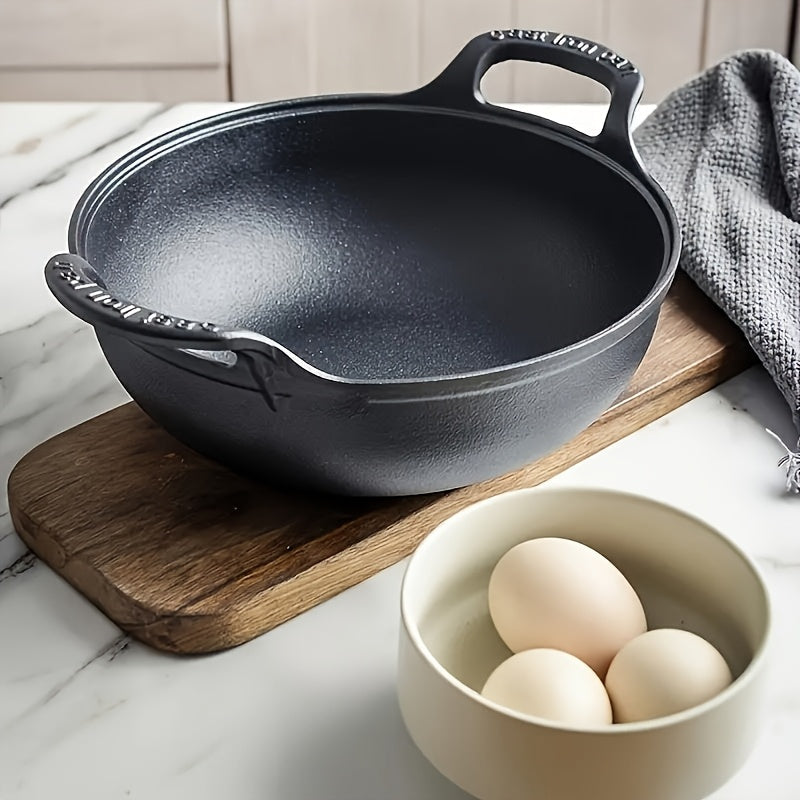 20cm Cast Iron Serving Pan with Dual Loop Handles, Rounded Deep Profile and Enamel Base Layer for Oven or Stovetop Use