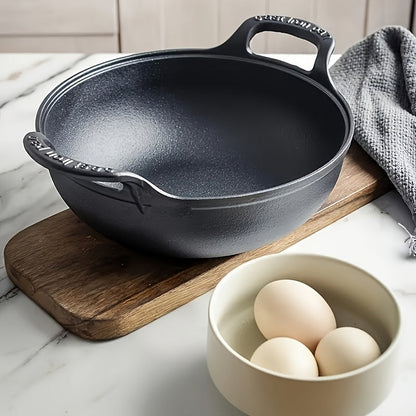 20cm Cast Iron Serving Pan with Dual Loop Handles, Rounded Deep Profile and Enamel Base Layer for Oven or Stovetop Use