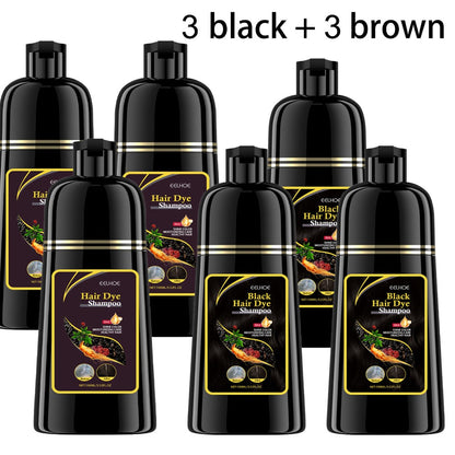 Hair Dye Shampoo 3-in-1 Color Conditioner Cooling Formula 6pcs Set — Black & Brown Gradual Gray Coverage, Unisex Long Hair Color Shampoo Gift
