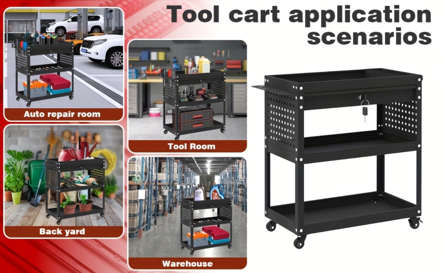 Rolling Tool Cart 3-Layer with Drawers & Screw Box Storage, Heavy-Duty Mechanic Trolley on Wheels for Garage Workshop Repair Shop, 400LBS / 450LBS / 550LBS Load Capacity, Industrial Tool Organizer