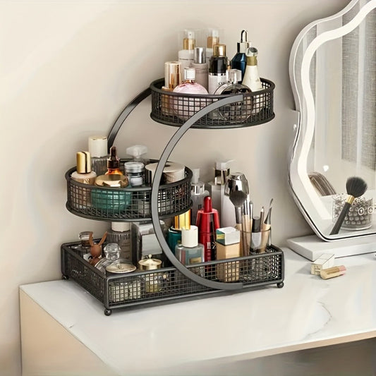 3-Tier Mesh Metal Bathroom Countertop Organizer - No-Installation Makeup Storage Rack, Tiered Vanity Shelf for Lipstick, Brushes & Skincare Bottles, Bronze Finish Space-Saving Cosmetic Organizer