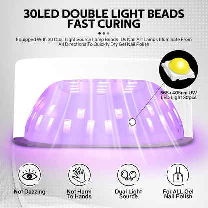 Wireless 30-Bead UV LED Nail Lamp in White with Three Timer Settings and SUN-S10MAX Model Label