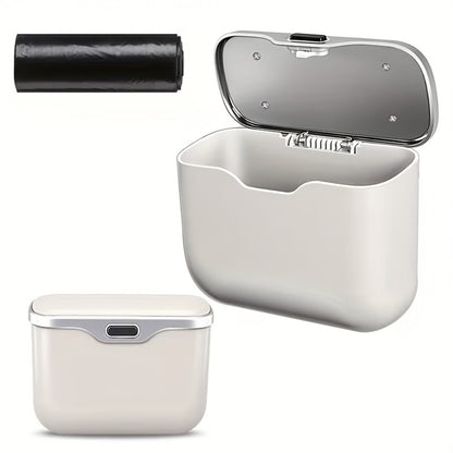 Slim Beige Car Trash Bin with Push Lid, Snap-On Mount, 17.1 cm Width and Included Liner Bags