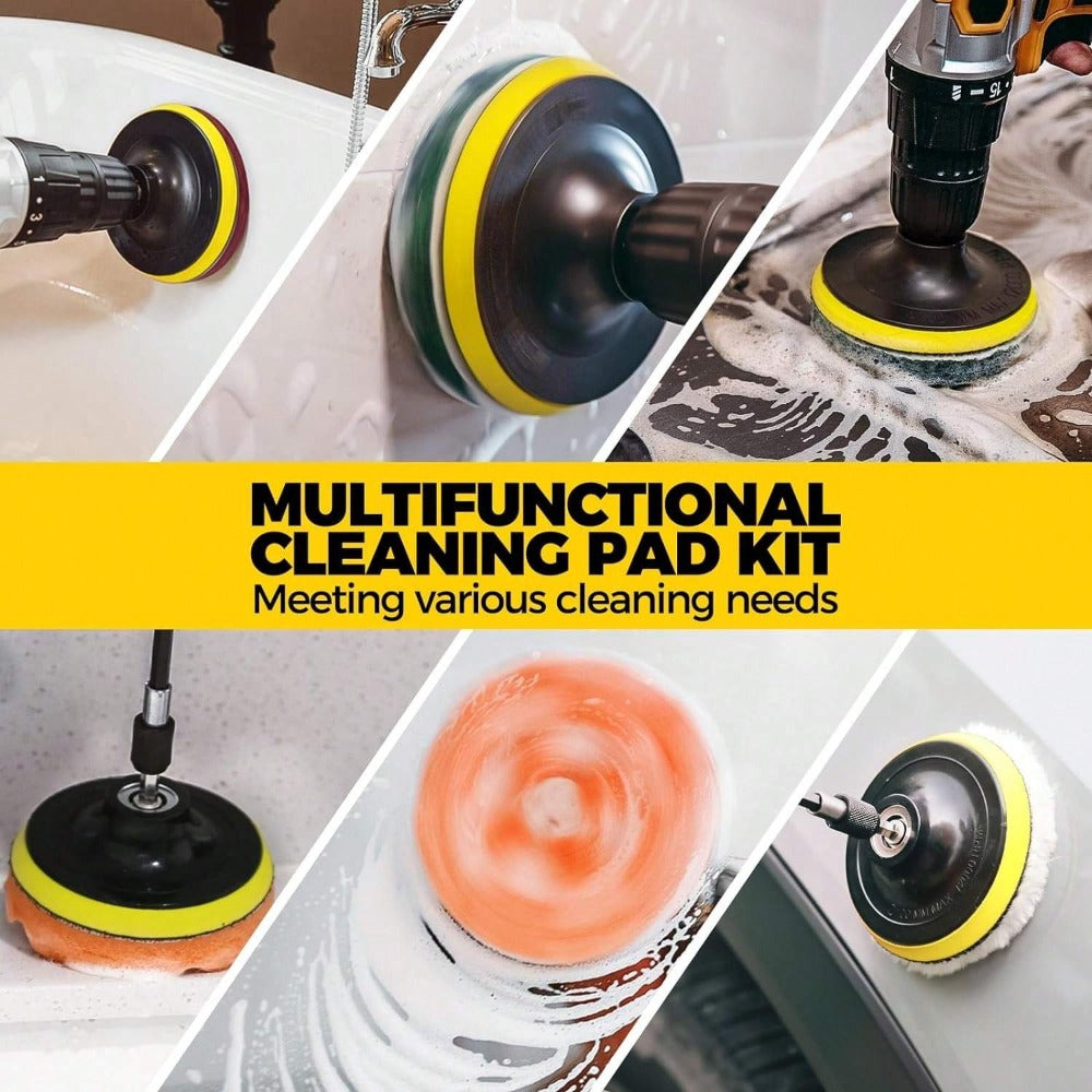 Twenty-Piece Drill Brush and Buffing Pad Kit with Scrub Heads, Sponges and Extension Rod in Yellow