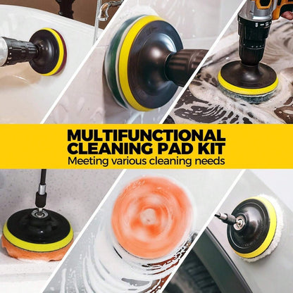 Twenty-Piece Drill Brush and Buffing Pad Kit with Scrub Heads, Sponges and Extension Rod in Yellow