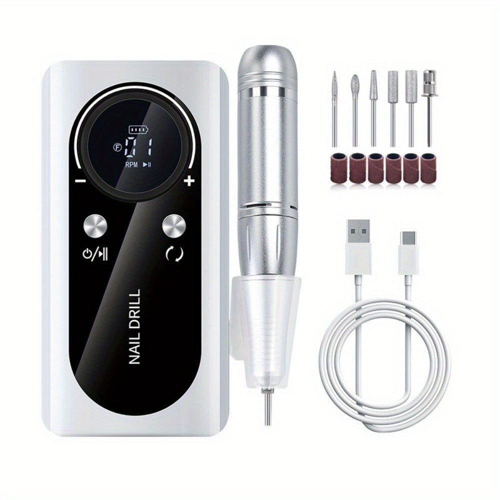 Nail Drill 45000 RPM LCD Display Adjustable Speed Cordless Electric Nail File Low Noise Manicure Machine Buffing Polishing Tool Set for Salon Home Women Nail Techs Pink White Purple