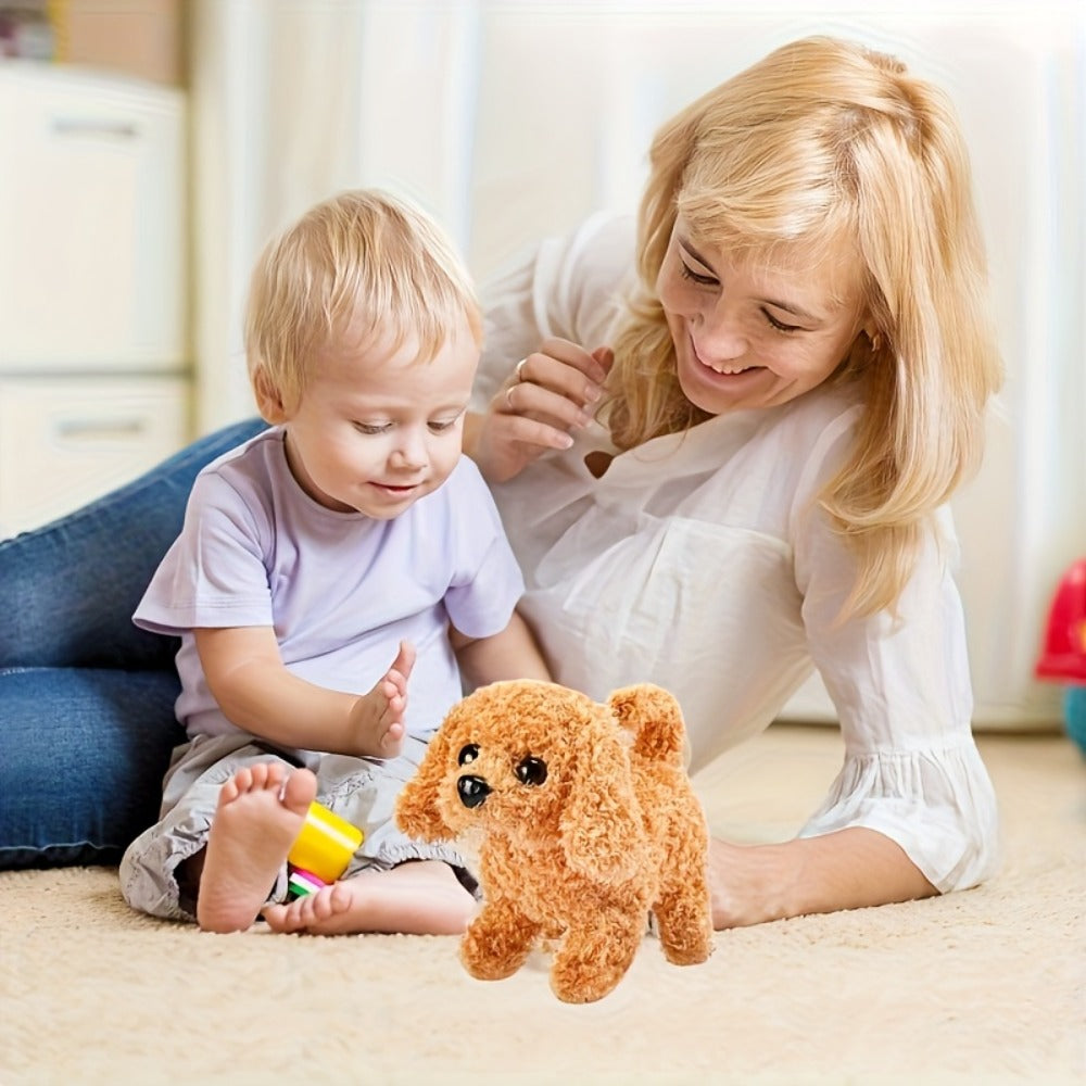 Brown Electronic Plush Puppy Toy with Walking, Barking and Tail-Motion Icons in a Single Boxed Option