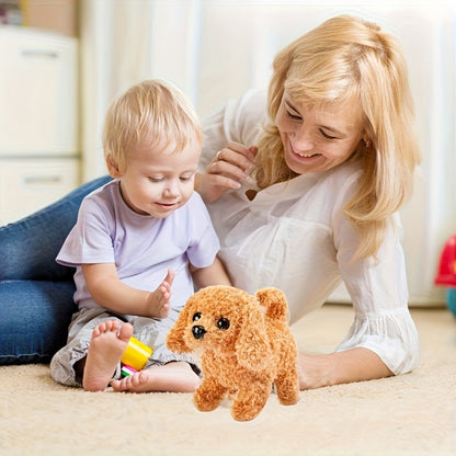 Brown Electronic Plush Puppy Toy with Walking, Barking and Tail-Motion Icons in a Single Boxed Option