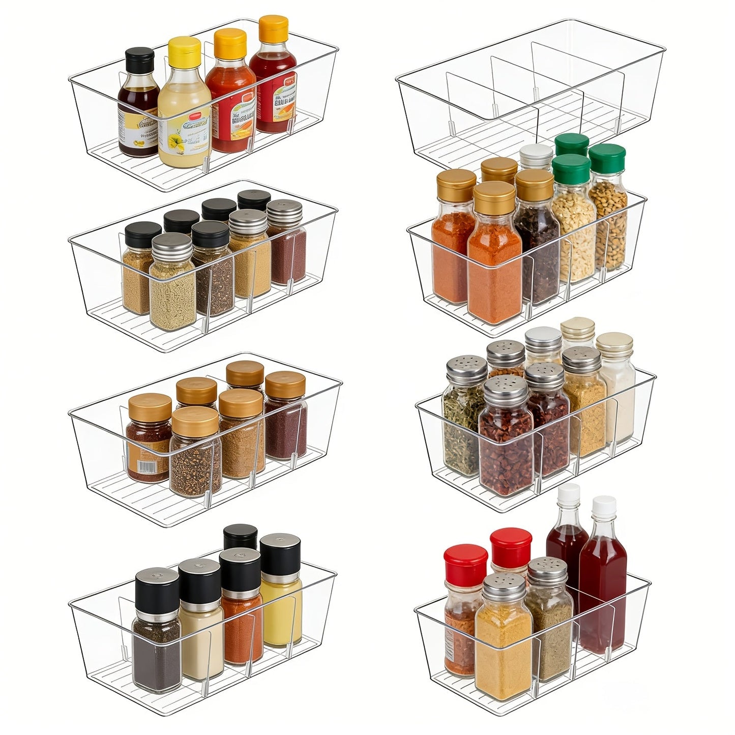 Clear Pantry Storage Bins Set of 8 with Dividers - Transparent Refrigerator Organizer Bins for Kitchen Cabinet, Pantry Organization, Snack Packet Spice Pouch Storage, 10.4" x 6.1" x 3.5"