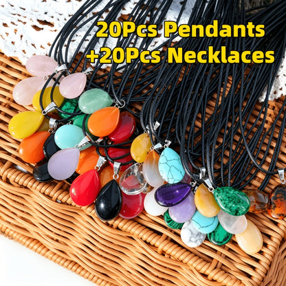 Forty-Piece Multicolor Teardrop Pendant Necklace Set with 20 Faux Crystal Charms and 20 Black Cords