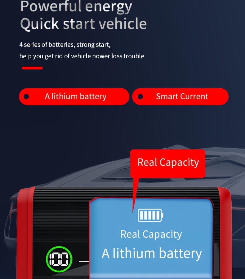Lithium Jump Starter 3000A 8000mAh 12V Battery Pack USB-C Recharge Round LED Display for 6.0L Diesel 8.0L Gas Engines Compact Portable Emergency Booster