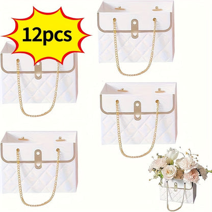 Paper Flower Bouquet Gift Bags with Metal Chain Handles in Black, Pink, White or Mixed Colors, 12–48 Pack Options