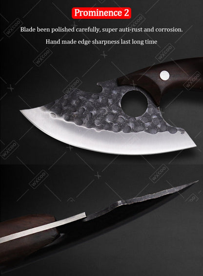 Viking Chef Knife Set 3/4pcs Hammered Stainless Steel Kitchen Knives – Boning, Utility & BBQ Knife with Wooden Handle for Cooking, Camping & Outdoor
