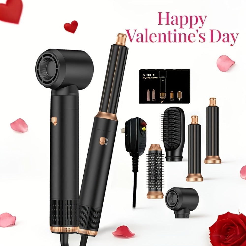 5-in-1 Hot Air Brush Hair Styling Tool with Three Temperature Settings and Five Attachments