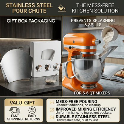 Stainless Steel Stand Mixer Pouring Chute for Select 4.5–8 Qt Tilt-Head and Bowl-Lift Mixers