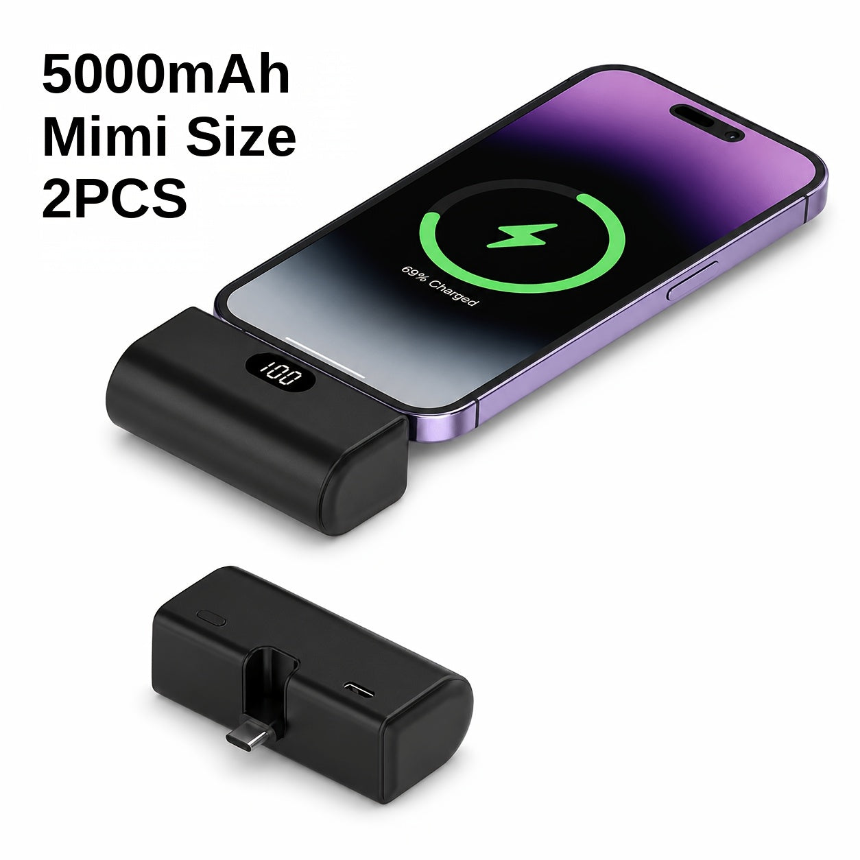 Mini Power Bank 5000mAh USB-C Foldable Plug Built-in Cable 10W Fast Charge LED Display Compact Portable Charger for iPhone 15 16 17 Samsung Android – Black White Pink Purple Green (1pc/2pcs)