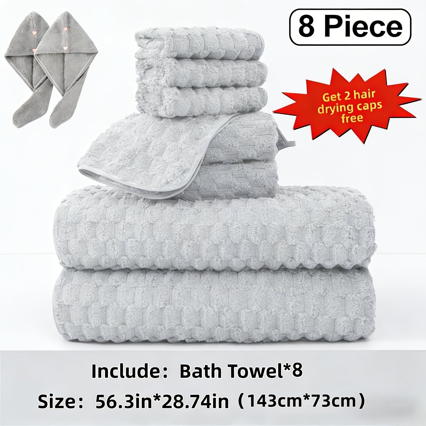 Towel Set 4 or 8 Piece Microfiber Collection with Hair-Drying Cap Options in Four Colors for Home and Guest Use