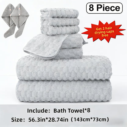 Towel Set 4 or 8 Piece Microfiber Collection with Hair-Drying Cap Options in Four Colors for Home and Guest Use