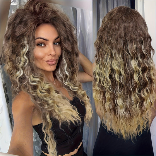 Synthetic Wig 30-Inch Long Curly Waves with Dark Roots, Middle Part and Three Ombre Colors