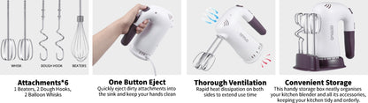 Hand Mixer Electric 400W with Storage Stand & 5-Speed Turbo Boost – 5 Stainless Steel Attachments for Baking Cream Cake Dough Cookie