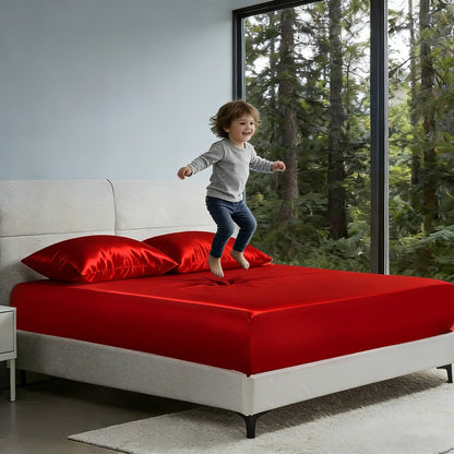 Satin-Style Fitted Sheet Set with Pillowcases in Eight Colors and Twin, Full, Queen or King Sizes